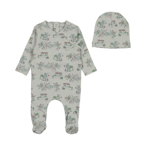 Baby Boy Footie + Hat | Toile Collection | Pale Blue | Bee and Dee