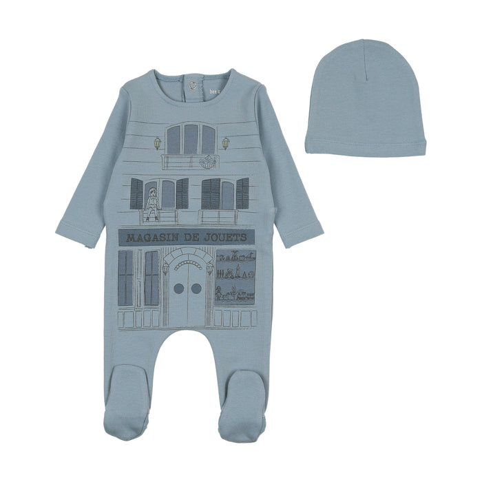 Baby Boy Footie + Hat | Toy Shop Collection | Dusty Blue | Bee and Dee