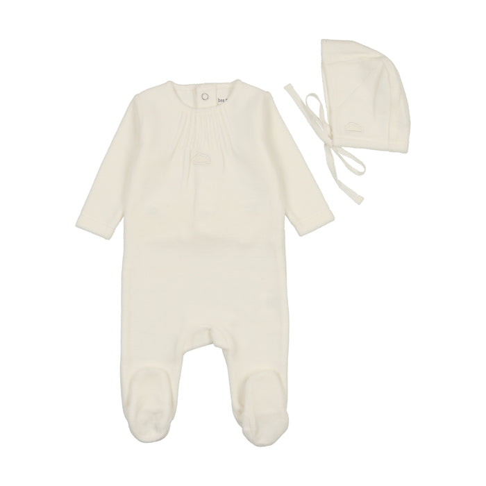 Baby Neutral Footie + Hat | Velour Pleated Neck | Ivory | Bee and Dee