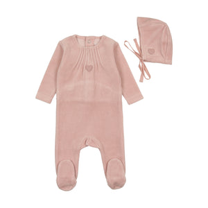 Baby Girl Layette Set | Velour Pleated Neck | Tea Rose | Bee and Dee