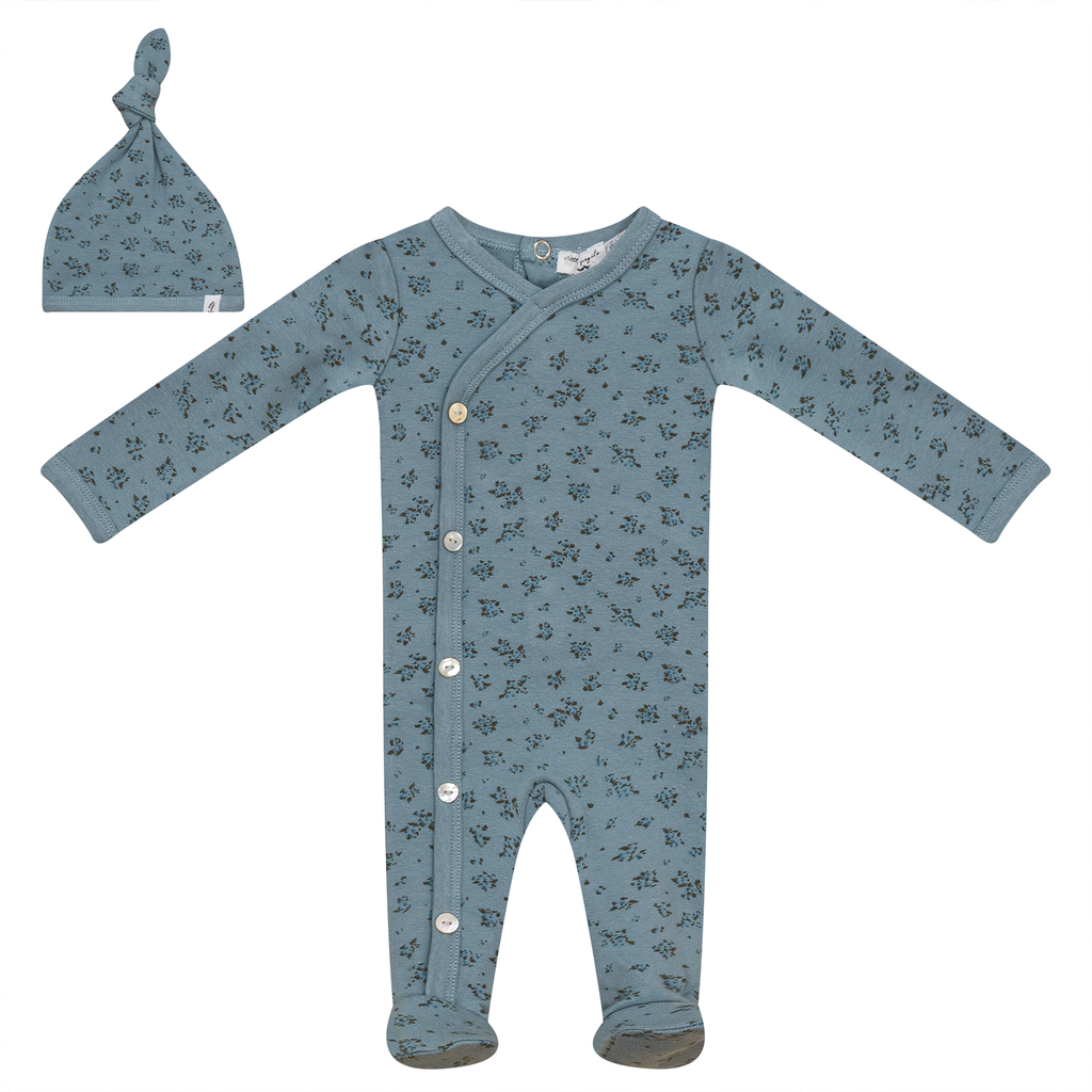 Baby Boy Footie + Hat | Fine Rib Floral | Blue | Little Fragile