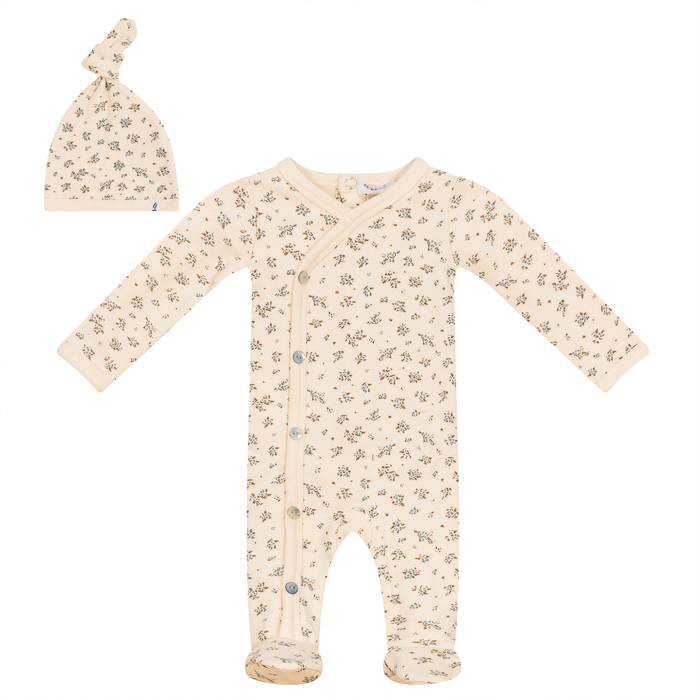 Baby Boy Footie + Hat | Fine Rib Floral | Cream | Little Fragile