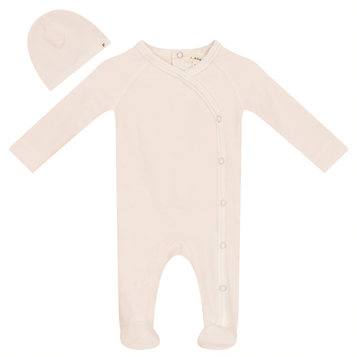 Baby Neutral Footie + Hat | Striped Binding | Vanilla | Fragile