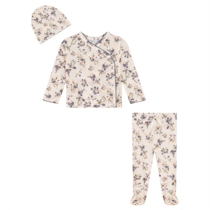 Baby Boy 3 Piece Outfit | Jersey Knit Floral | Off White/Denim | Little Fragile