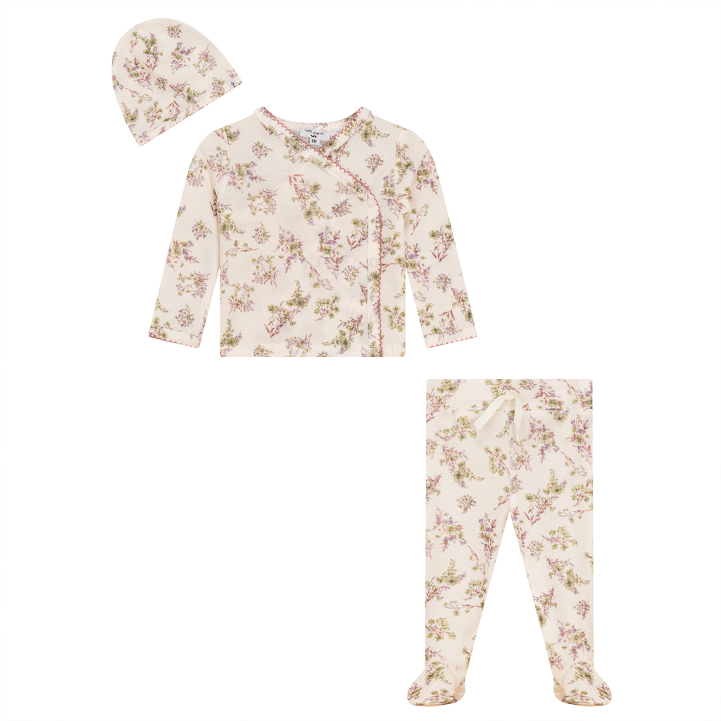 Baby Girl 3 Piece Outfit | Jersey Knit Floral | Off White/Rose | Little Fragile