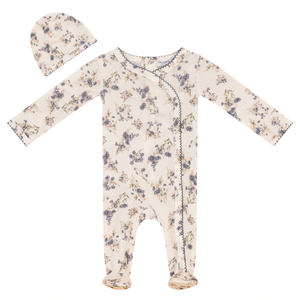 Baby Boy Footie + Hat | Jersey Knit Floral | Off White/Denim | Little Fragile