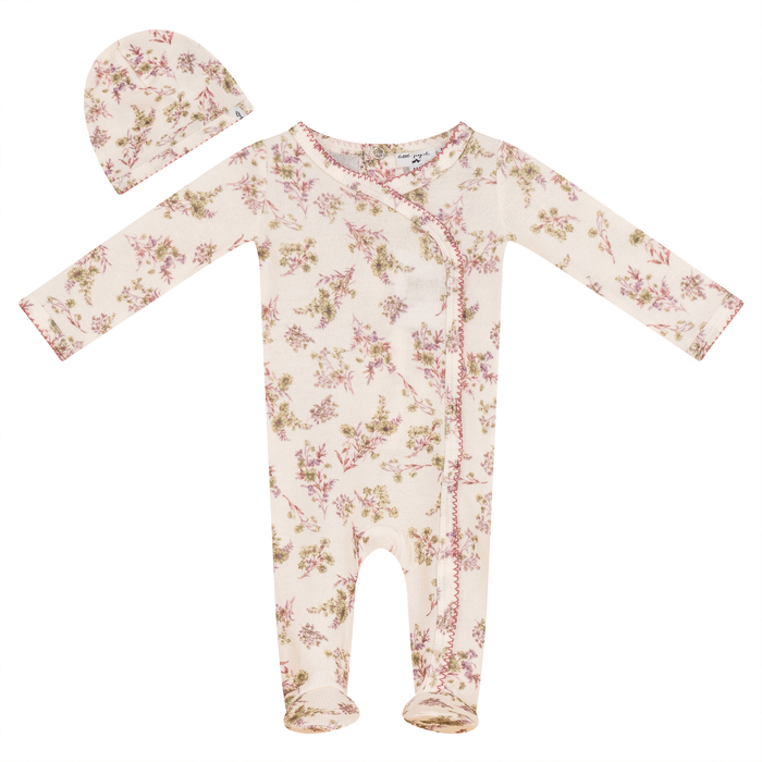 Baby Girl Footie + Hat | Jersey Knit Floral | Off White/Rose| Little Fragile