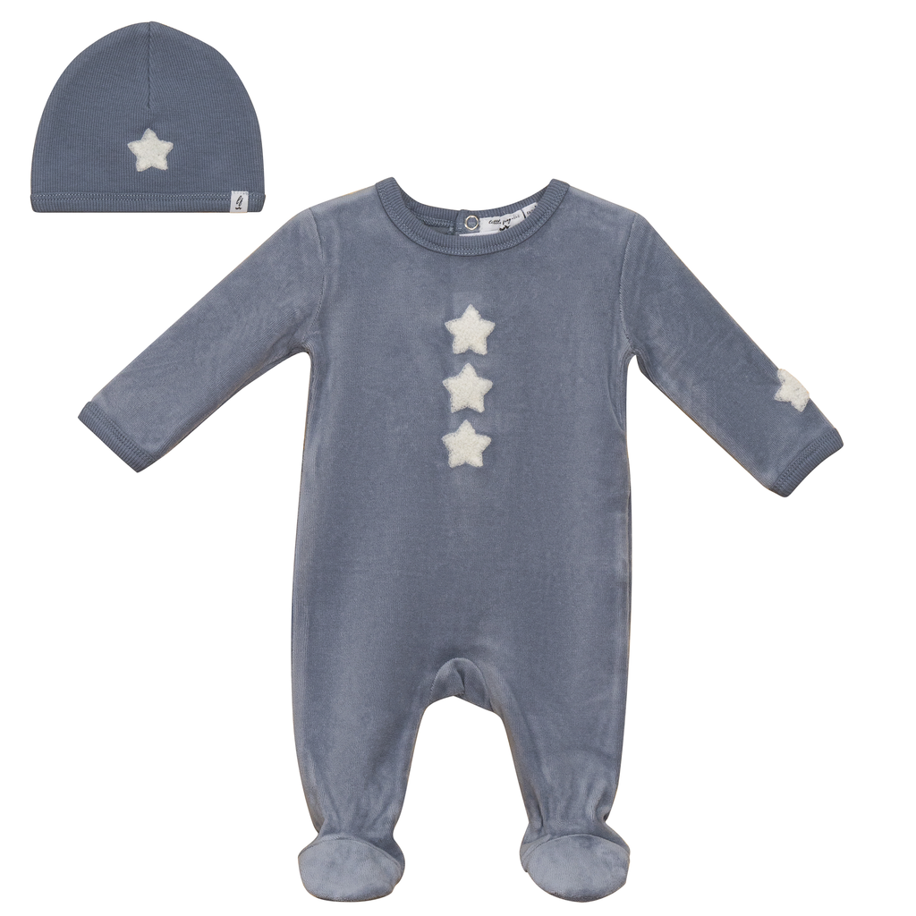 Baby Boy Footie + Hat | Three Stars | Blue Grey/Off White | Little Fragile