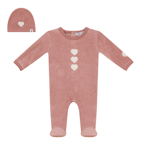 Baby Girl Footie + Hat | Three Hearts | Pink/Off White | Little Fragile