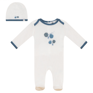 Baby Boy Footie + Hat | Contrast Cherries | Off White/Blue | Little Fragile