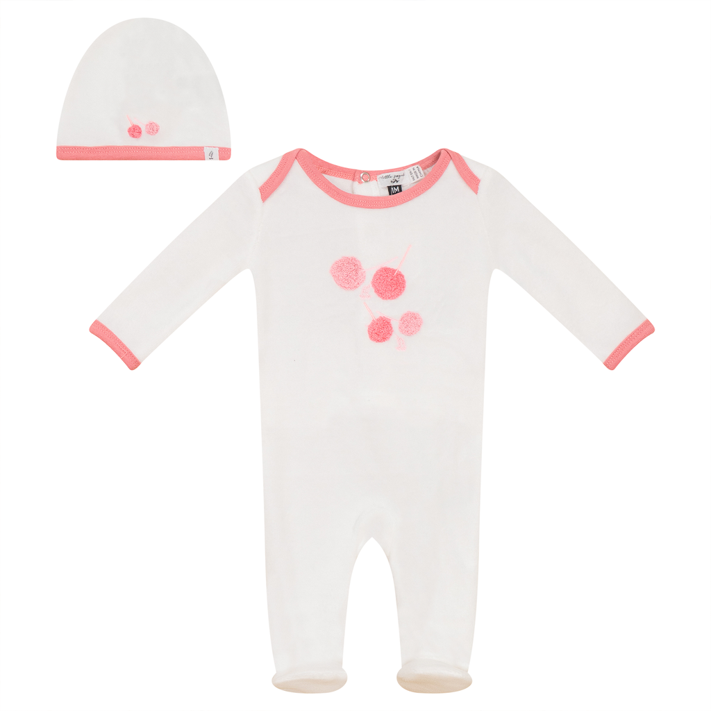 Baby Girl Footie + Hat | Contrast Cherries | Off White/Pink | Little Fragile