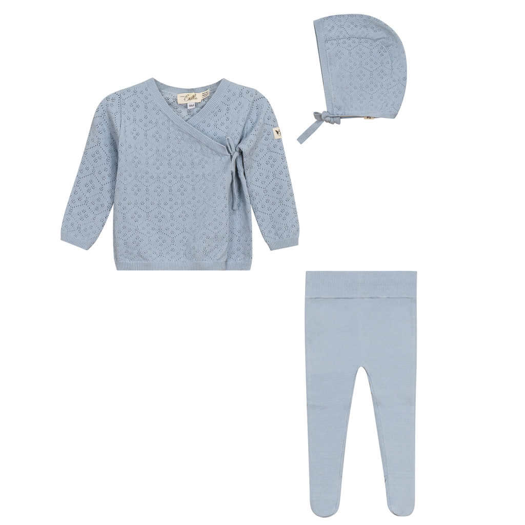 Baby Boy 3 Piece Set | Pointelle Knitted Wrap | Blue | Bebe Bella