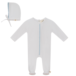 Baby Boy Footie + Hat | Pom Pom Trim | White/Blue | Bebe Bella