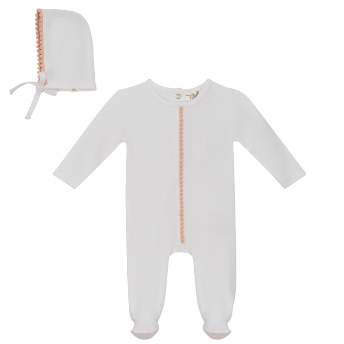 Baby Girl Layette Set | Pom Pom Trim | White/Pink | Bebe Bella