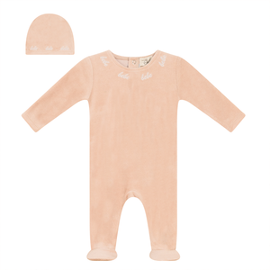 Baby Girl Footie + Hat | Bebe Embroidery | Light Maple | Bebe Bella