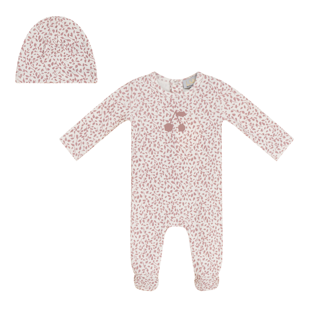 Baby Girl Footie + Hat | Cherry Print | Off White/Rose | Bebe Bella