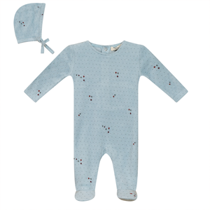 Baby Boy Footie + Hat | Flower and Mushroom Print | Blue Mist | Bebe Bella