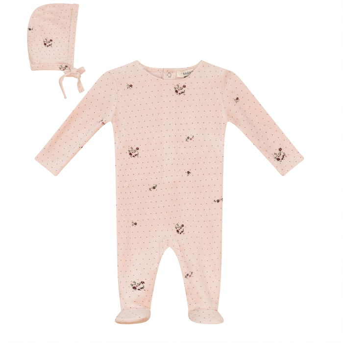 Baby Girl Footie + Hat | Flower and Mushroom Print | Soft Pink | Bebe Bella