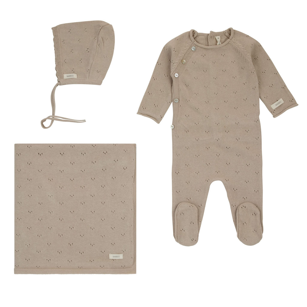 Baby Boy Footie + Hat | Pointelle Knit | Latte | Cream Bebe