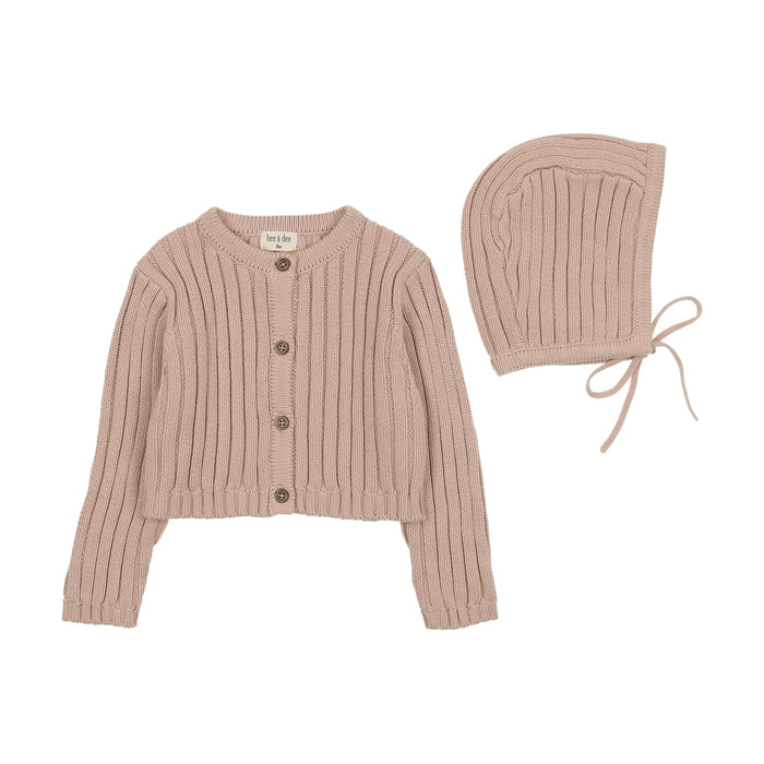 Baby Girl Cardigan + Hat | Wide Ribbed | Creme Pink | Bee and Dee