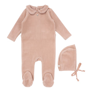 Baby Girl Footie + Hat | Velour Collar | Dusty Pink | Lil Legs