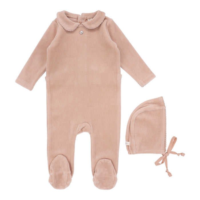 Baby Girl Footie + Hat | Velour Collar | Dusty Pink | Lil Legs