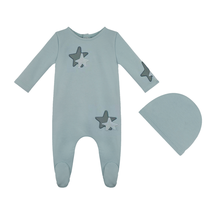 Baby Boy Footie + Hat | Corduroy Collection | Sky Blue/Ribbed Stars | Tricot Bebe