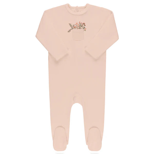 Baby Girl Footie | Velour Pocket Full of Flowers | Pink | Ely's & Co