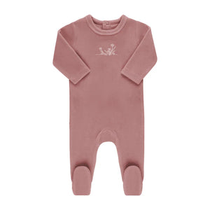 Baby Girl Footie | Velour Embroidered Flowers | Pink | Ely's & Co