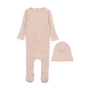 Baby Girl Footie & Hat | Wide Ribbed Heart Textured | Pink Tint + Plum Hearts | Mema