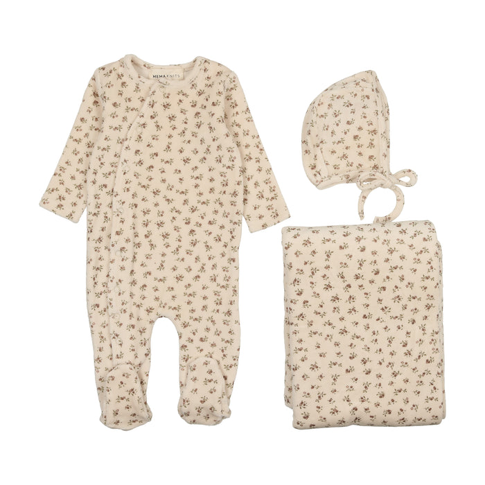 Baby Girl Layette Set | Printed Velour Side Snap | Ecru & Pink | Mema