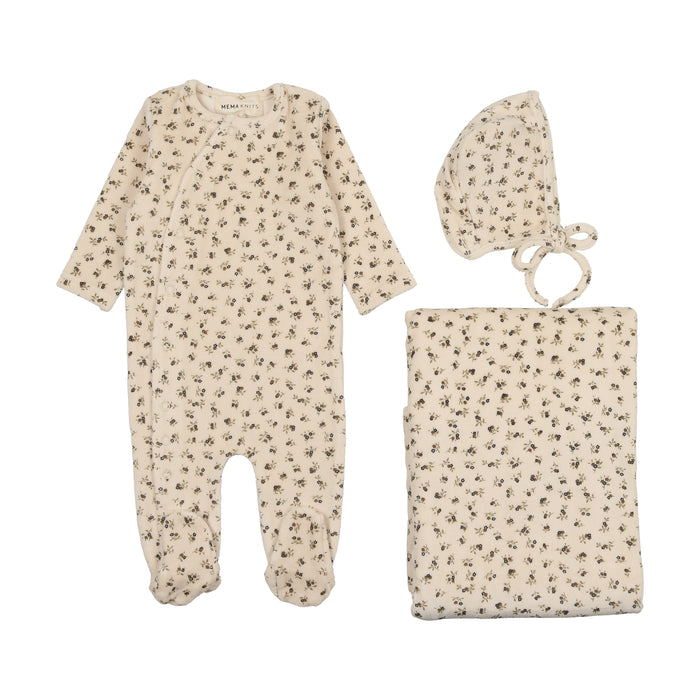 Baby Boy Layette Set | Printed Velour Side Snap | Ecru & Powder Blue | Mema