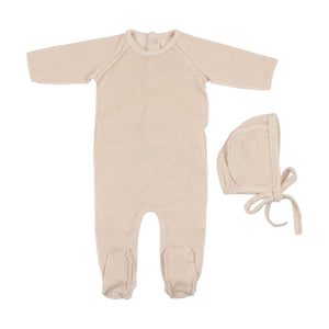 Baby Girl Footie & Hat | Thin Striped Velour | Oatmeal/Pale Pink | Mema