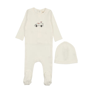 Baby Boy Footie + Hat | Car | Winter White | Mema