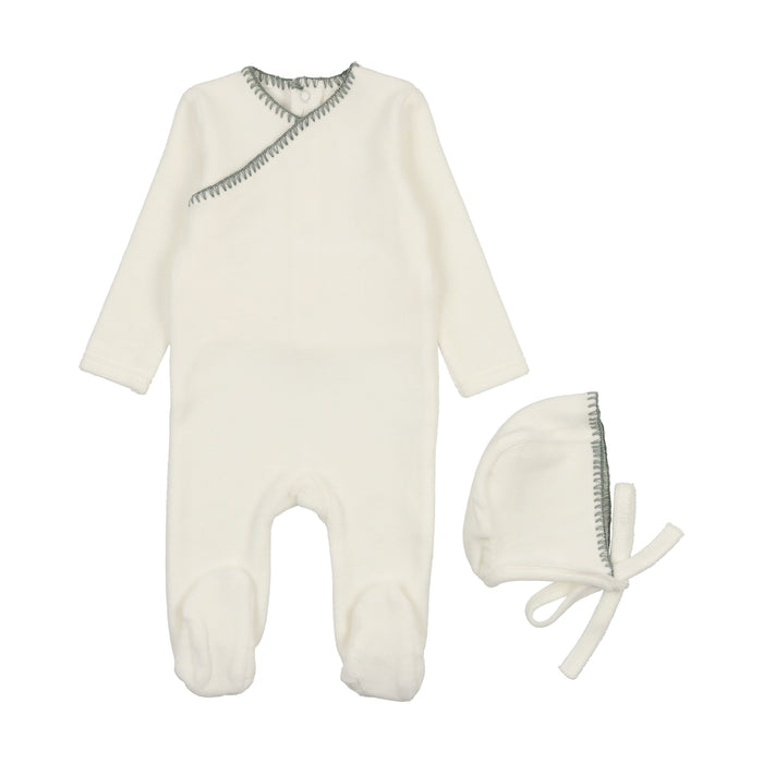 Baby Boy Footie + Hat | Velour Embroidered | Cream/Dove Blue | Mema