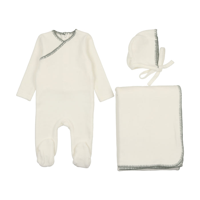 Baby Boy Layette Set | Velour Embroidered | Cream/Powder Blue | Mema