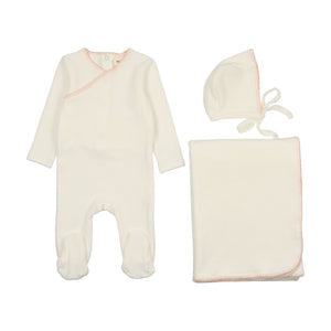 Baby Girl Layette Set | Velour Embroidered | Cream/Pink Tint | Mema