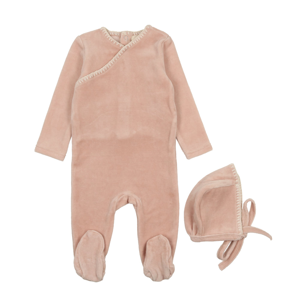 Baby Girl Footie + Hat | Velour Embroidered | Pale Pink | Mema