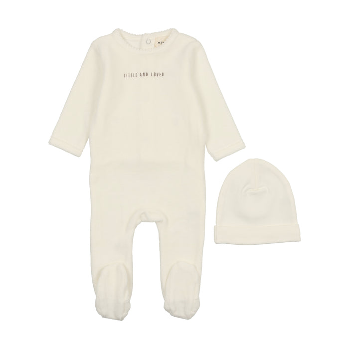 Baby Neutral Footie & Hat | Little & Loved Velour | Ivory/Mink Print | Mema Knits