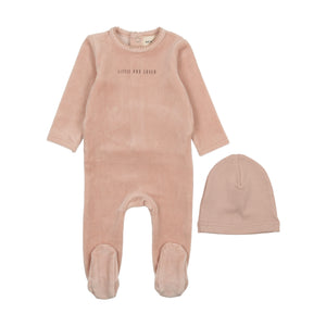 Baby Girl Footie & Hat | Little and Loved | Velour | Pale Pink/Mink Print | Mema