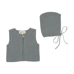 Baby Boy Vest & Bonnet | Knit | One Button Cropped | Dove | Mema