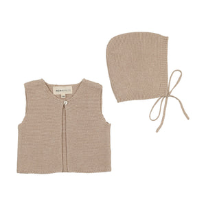 Baby Boy Vest & Bonnet | Knit | One Button Cropped | Oatmeal | Mema