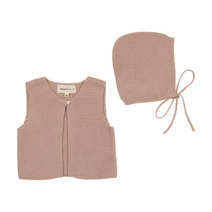 Baby Girl Vest & Bonnet | Knit | One Button Cropped | Dusty Pink | Mema