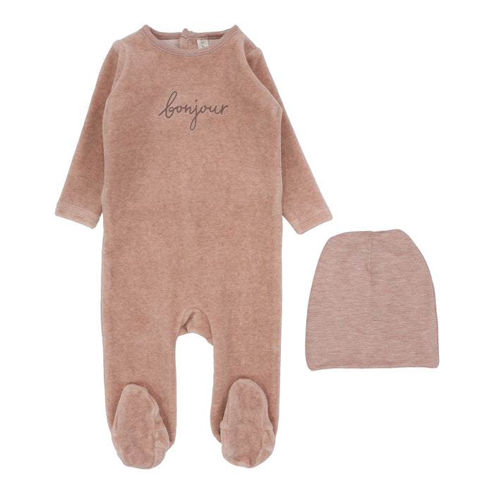 Baby Girl Footie + Hat | Velour Bonjour | Heathered Pink | Lil Legs