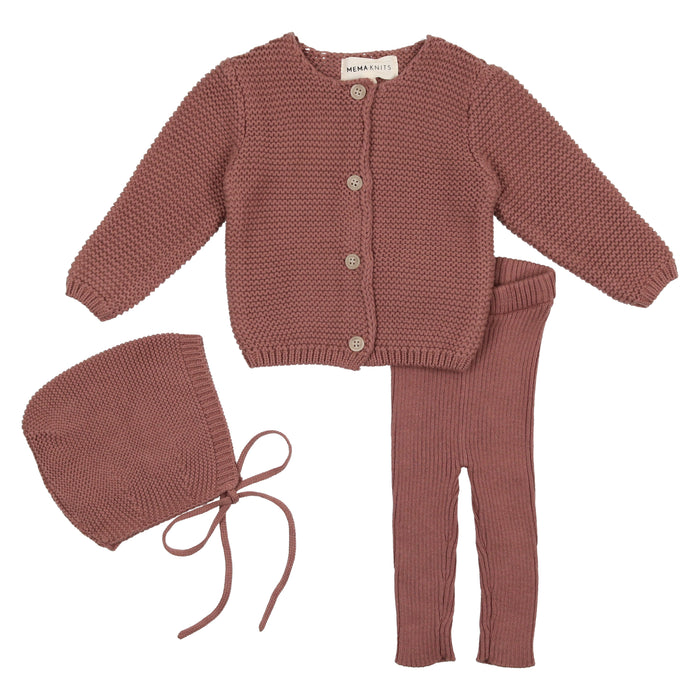 Baby 3 Piece Knit Set | Cardigan + Leggings + Bonnet | Dark Mauve | Mema |  AW22